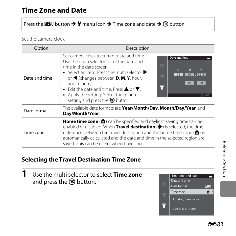 Time zone and date, Selecting the travel destination time zone | Nikon S5200 User Manual | Page 215 / 284