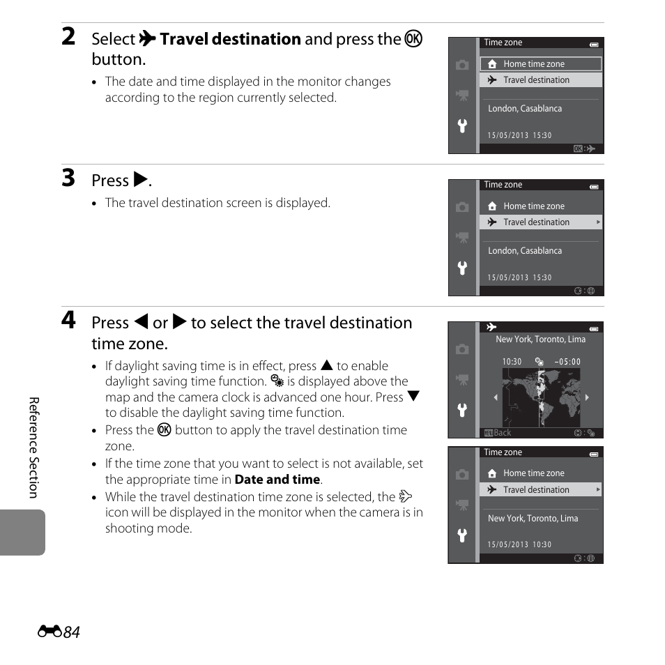 Select x travel destination and press the k button, Press k | Nikon S5200 User Manual | Page 216 / 284