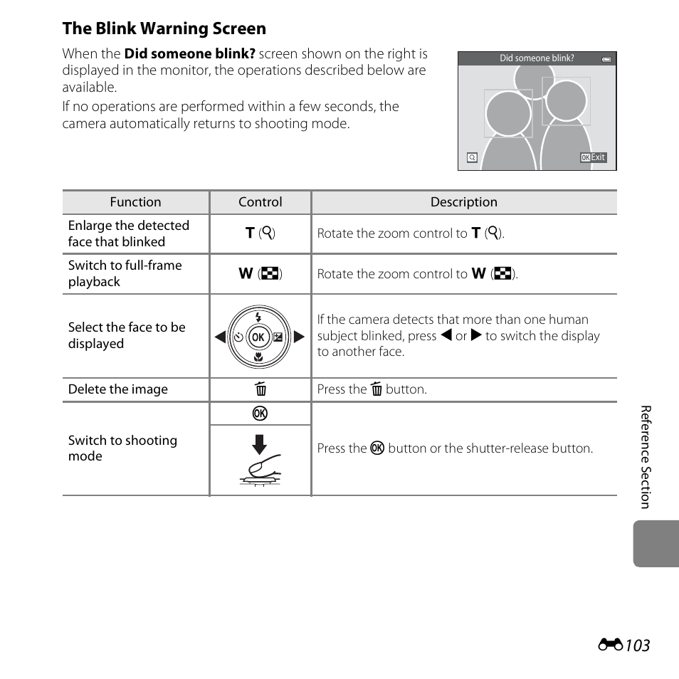 The blink warning screen, E103), E103 | Nikon S5200 User Manual | Page 235 / 284