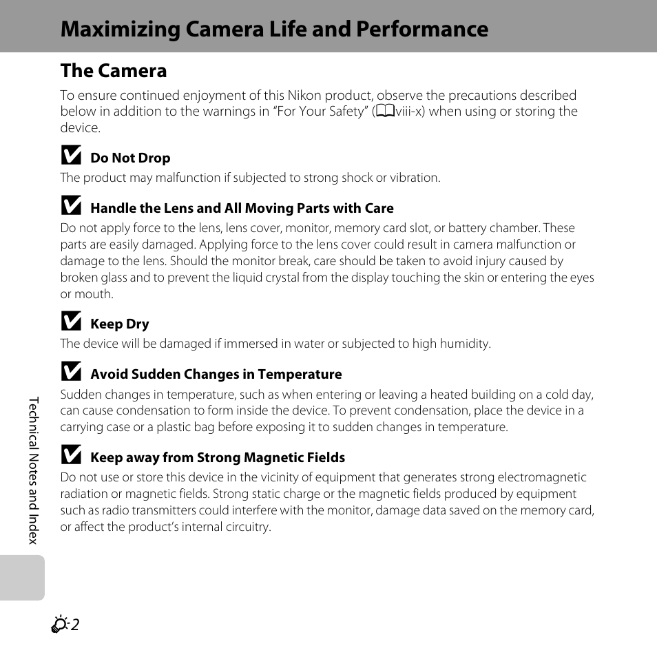 Maximizing camera life and performance, The camera | Nikon S5200 User Manual | Page 254 / 284