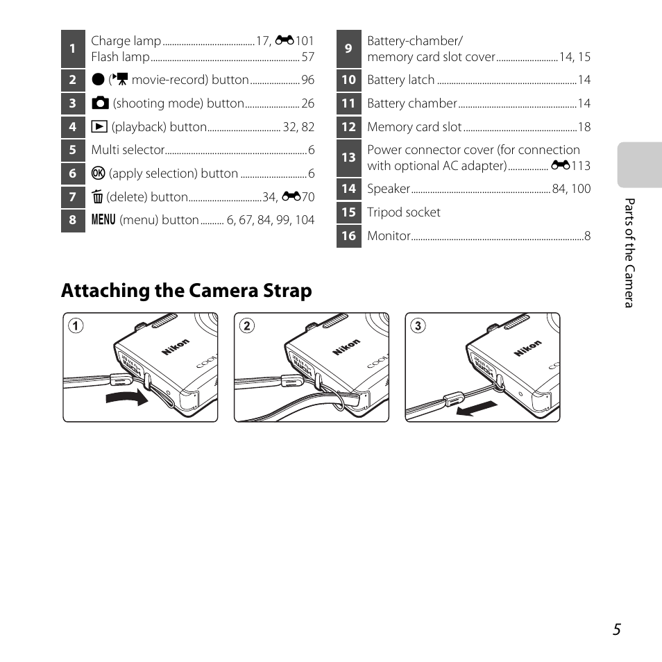Attaching the camera strap | Nikon S5200 User Manual | Page 27 / 284