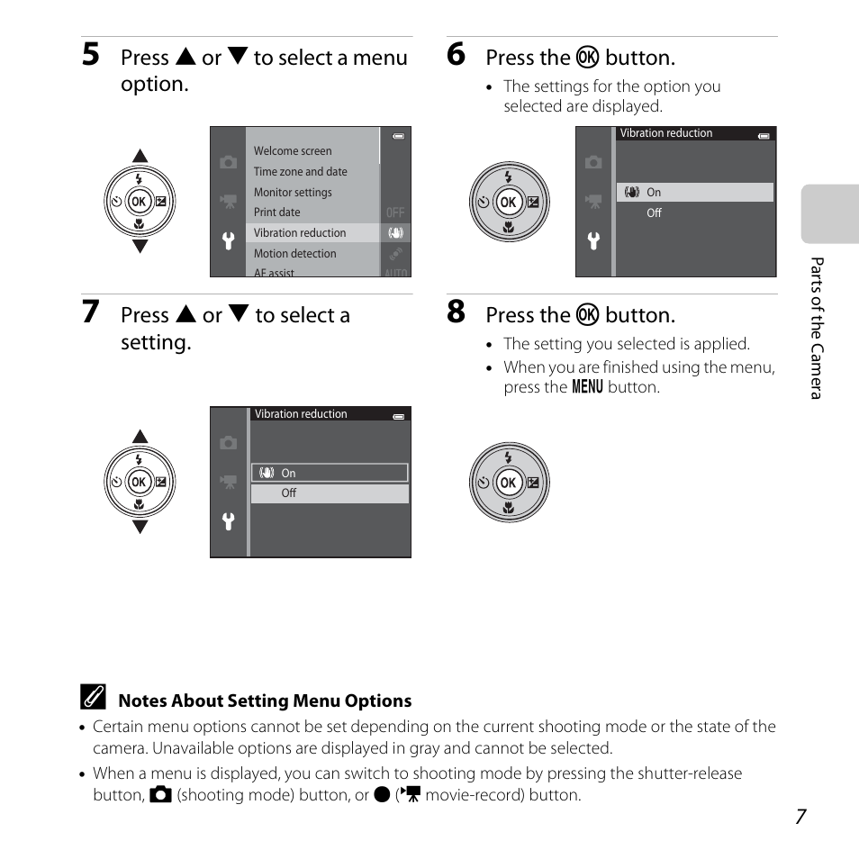 Press h or i to select a menu option, Press the k button, Press h or i to select a setting | Nikon S5200 User Manual | Page 29 / 284