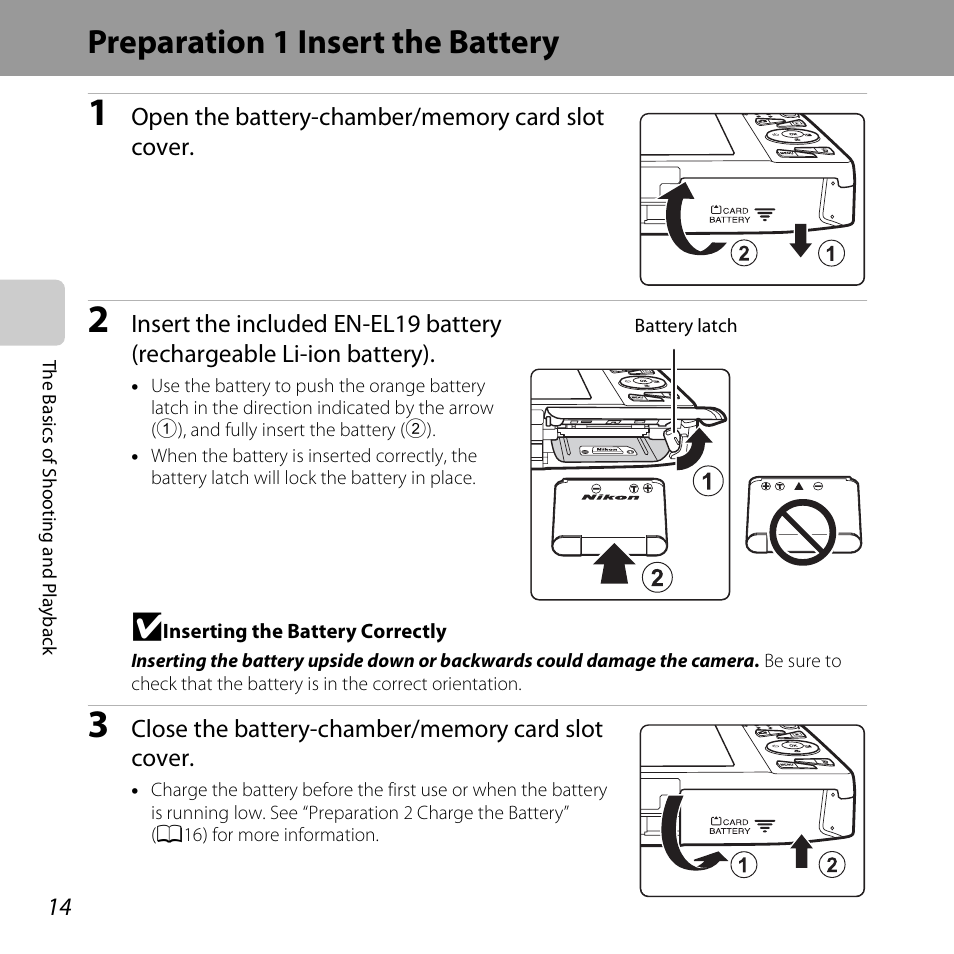 Preparation 1 insert the battery | Nikon S5200 User Manual | Page 36 / 284