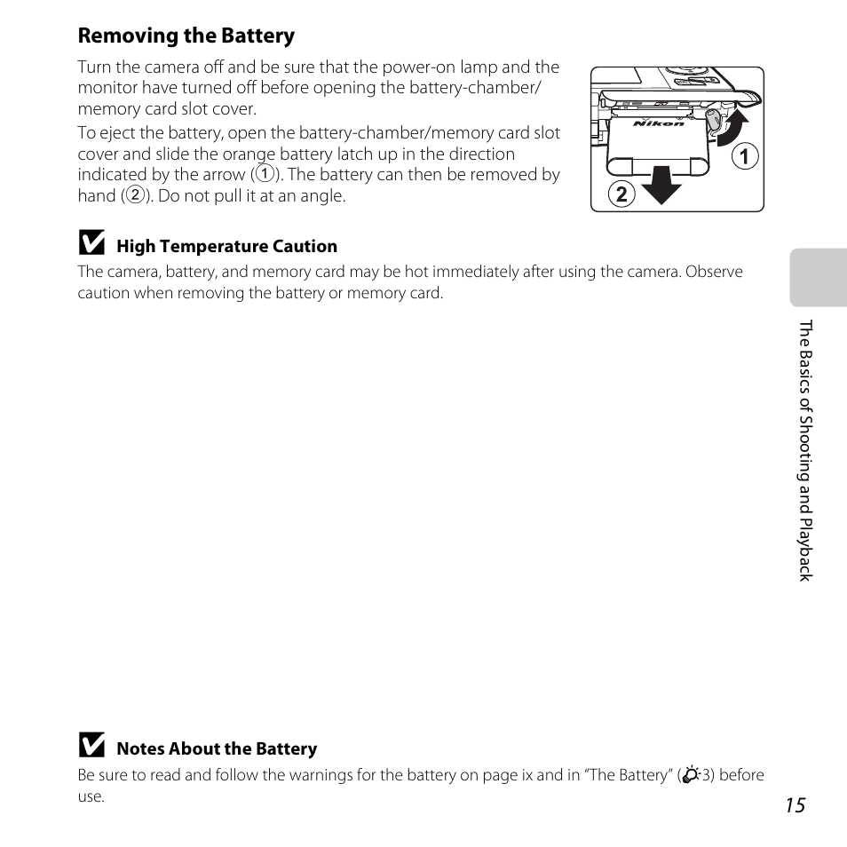 Removing the battery | Nikon S5200 User Manual | Page 37 / 284