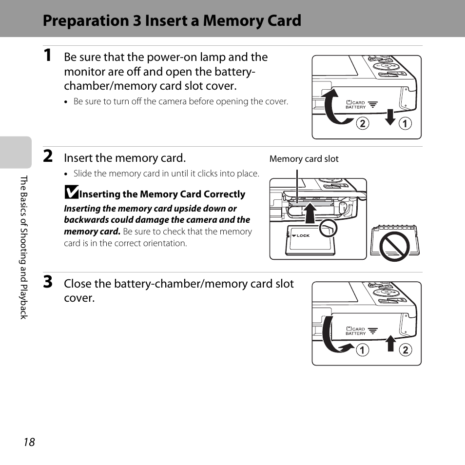 Preparation 3 insert a memory card | Nikon S5200 User Manual | Page 40 / 284