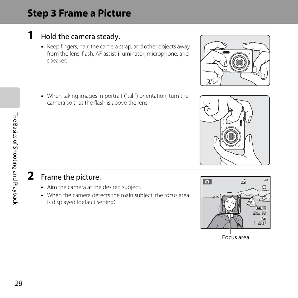 Step 3 frame a picture, Hold the camera steady, Frame the picture | Nikon S5200 User Manual | Page 50 / 284