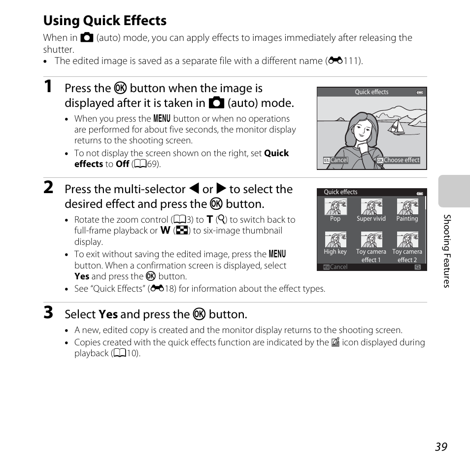 Using quick effects, See “using, Quick effects | A39) for m, Select yes and press the k button | Nikon S5200 User Manual | Page 61 / 284