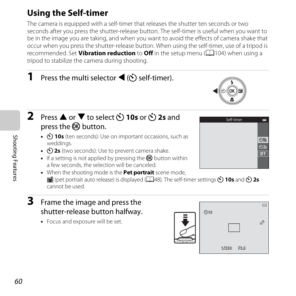 Using the self-timer, A60), Press the multi selector j (n self-timer) | Nikon S5200 User Manual | Page 82 / 284