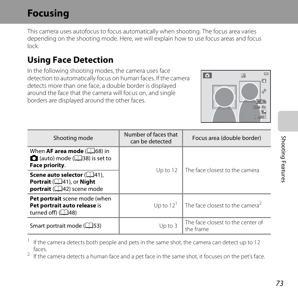 Focusing, Using face detection, A73) o | A73), E “using face detection | Nikon S5200 User Manual | Page 95 / 284