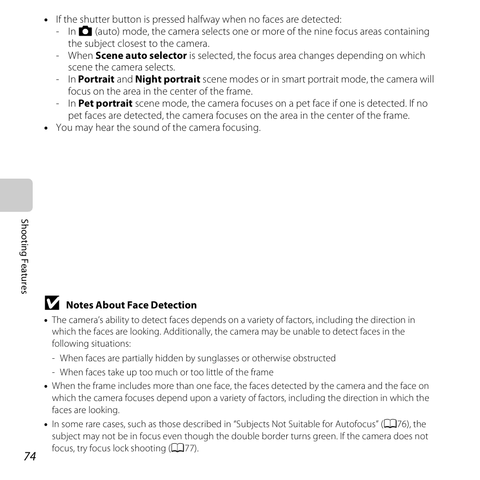 See “notes about face detection, A74) for m | Nikon S5200 User Manual | Page 96 / 284