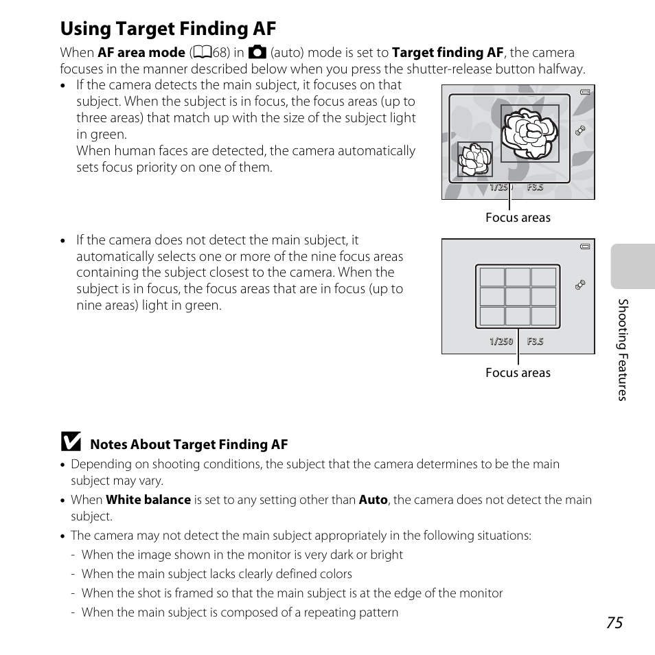 Using target finding af, A 75, See “using target finding af | A75) f, A75) for | Nikon S5200 User Manual | Page 97 / 284