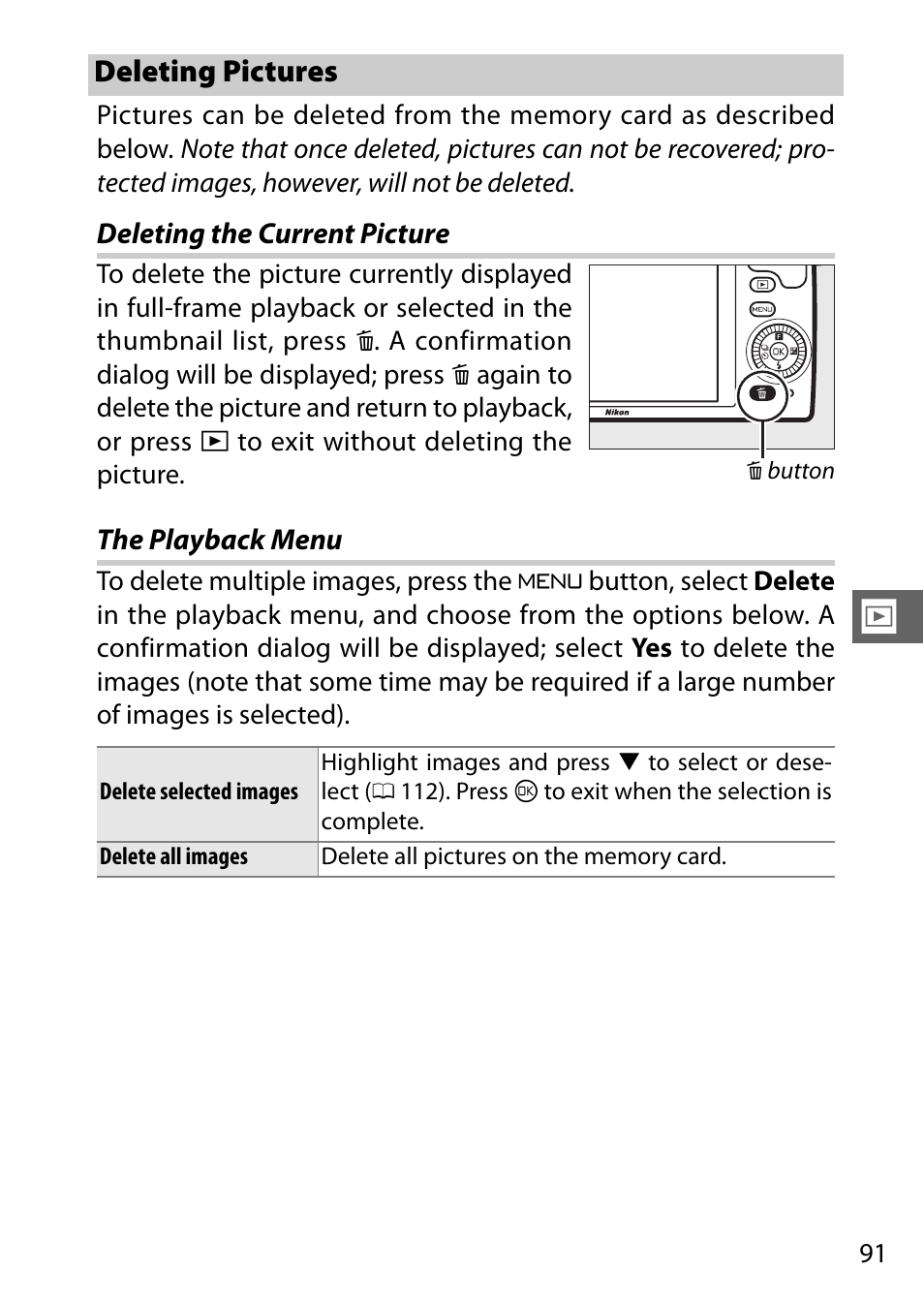 Deleting pictures, Deleting the current picture, The playback menu | Hotos, 0 91) the highl | Nikon S2 User Manual | Page 111 / 236