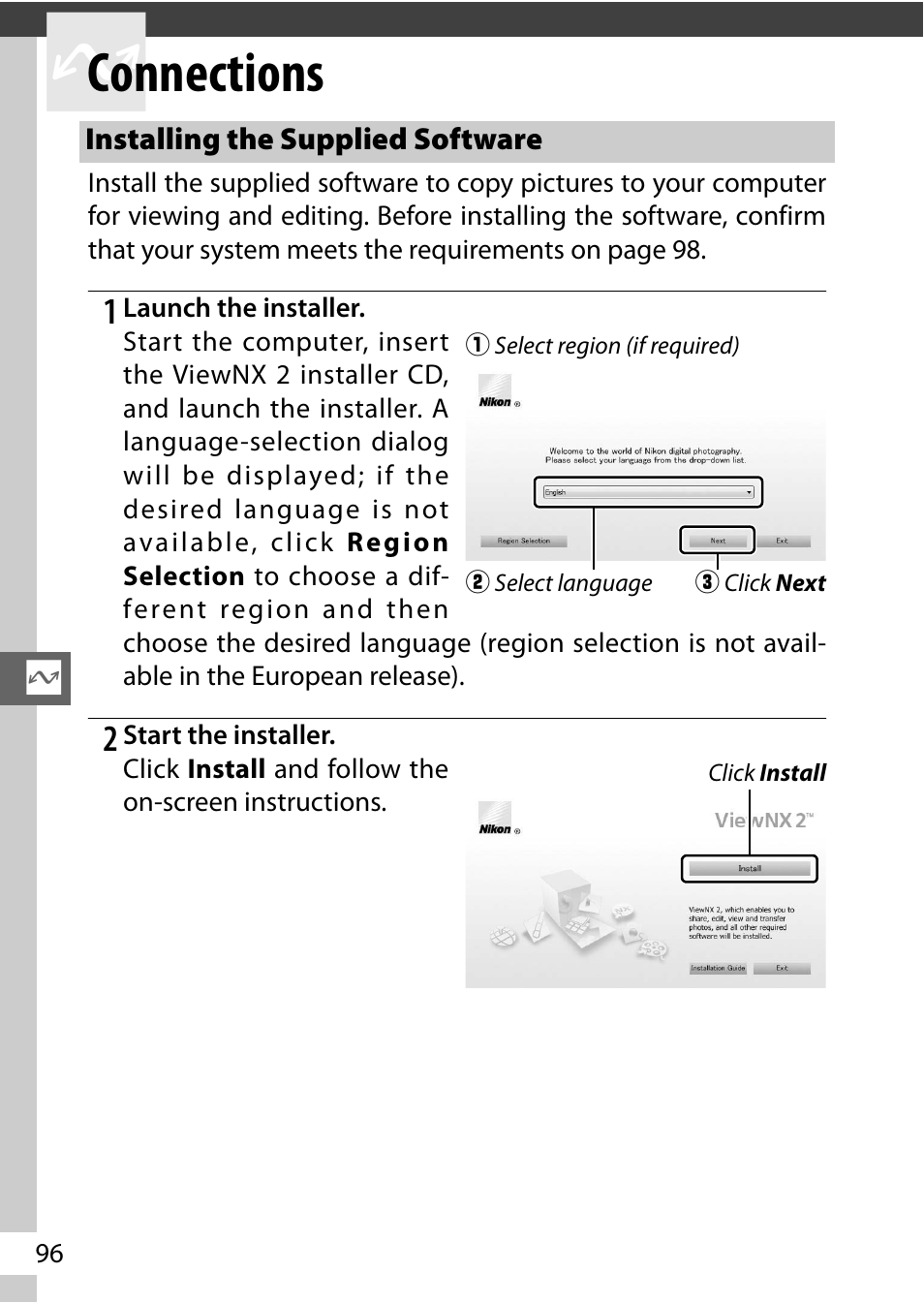 Connections, Installing the supplied software | Nikon S2 User Manual | Page 116 / 236