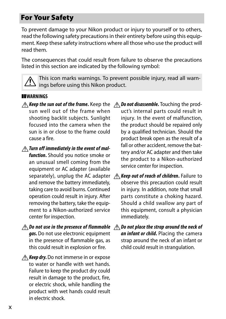 For your safety | Nikon S2 User Manual | Page 12 / 236