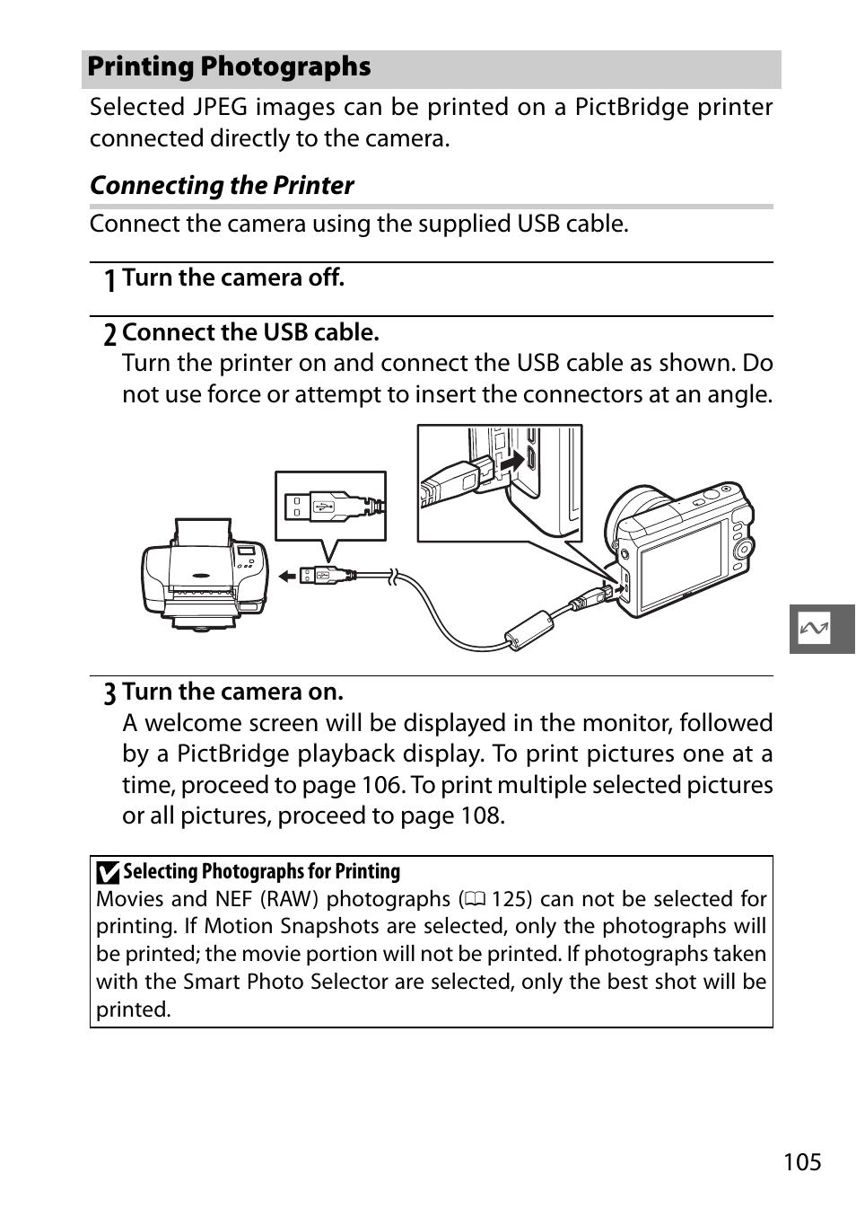 Printing photographs, Connecting the printer | Nikon S2 User Manual | Page 125 / 236