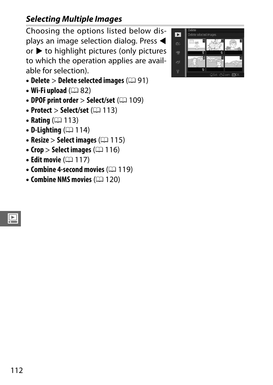 Selecting multiple images, 0 112). t | Nikon S2 User Manual | Page 132 / 236