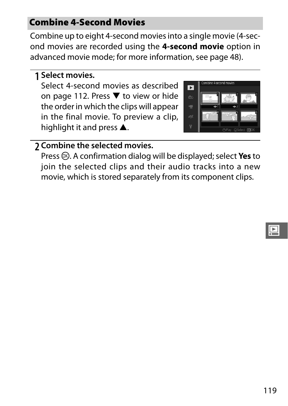 Combine 4-second movies | Nikon S2 User Manual | Page 139 / 236