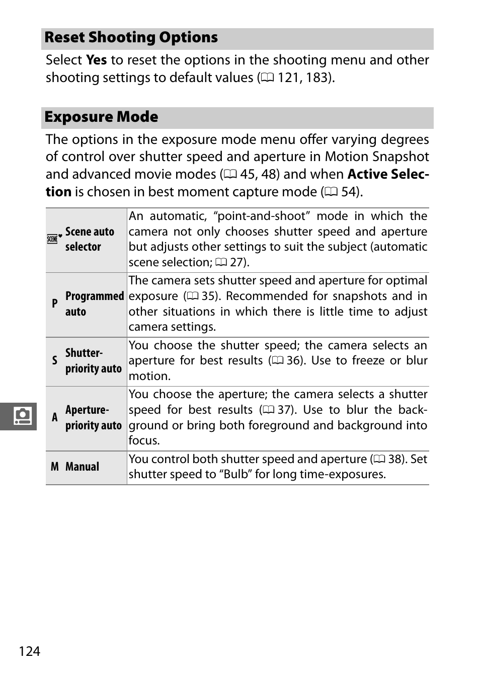 Reset shooting options, Exposure mode, 0 124) a | Reset shooting options exposure mode | Nikon S2 User Manual | Page 144 / 236