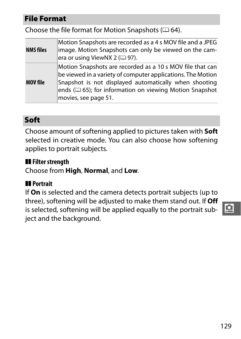 File format, Soft, 0 129). o | Shots, 0 129) in, 0 129) or dsc | Nikon S2 User Manual | Page 149 / 236