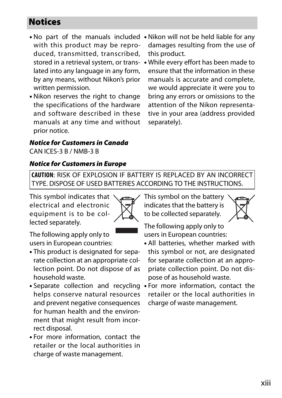 Notices, Xiii | Nikon S2 User Manual | Page 15 / 236