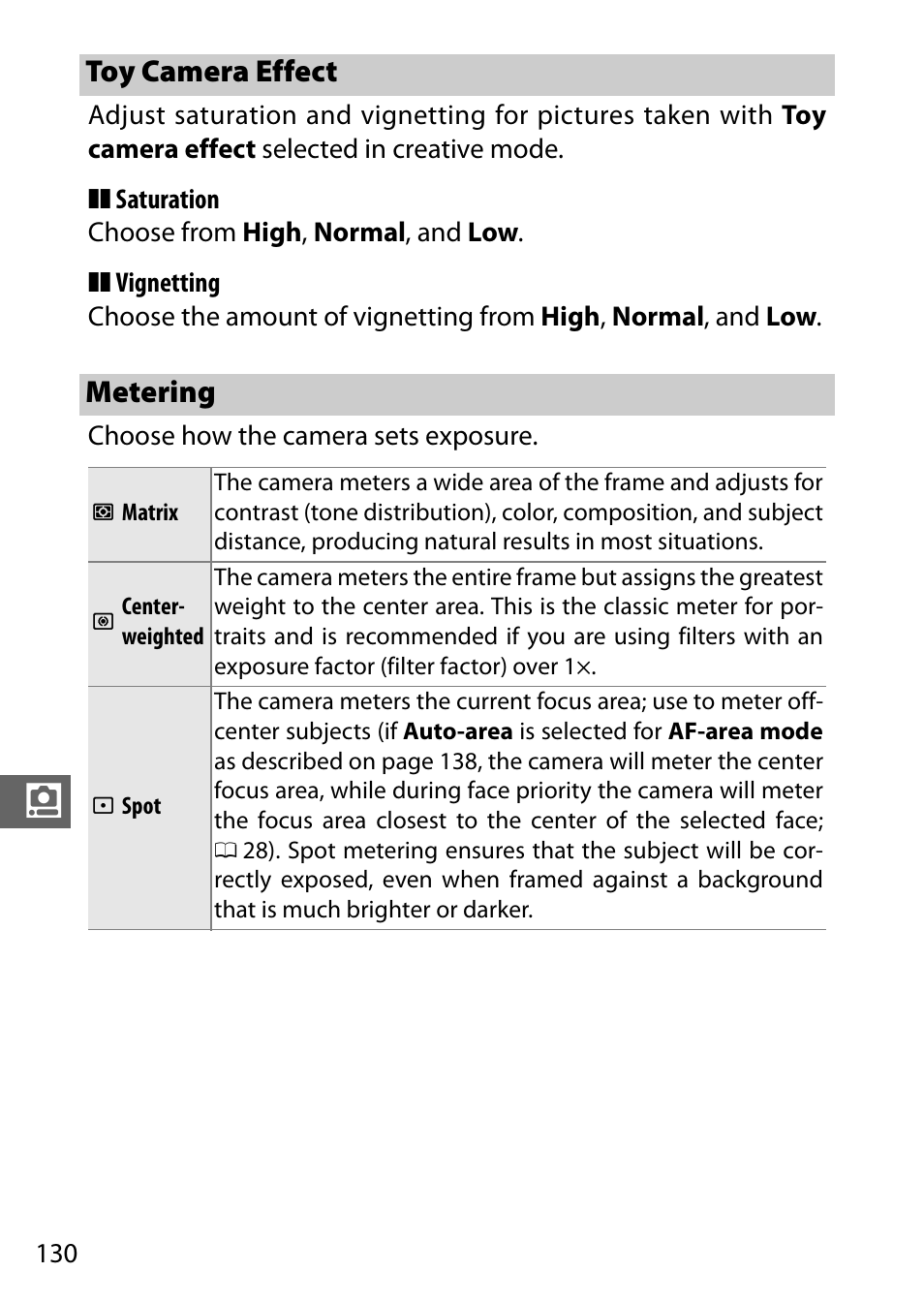 Toy camera effect, Metering | Nikon S2 User Manual | Page 150 / 236