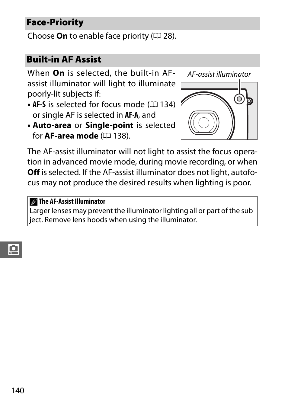 Face-priority, Built-in af assist | Nikon S2 User Manual | Page 160 / 236