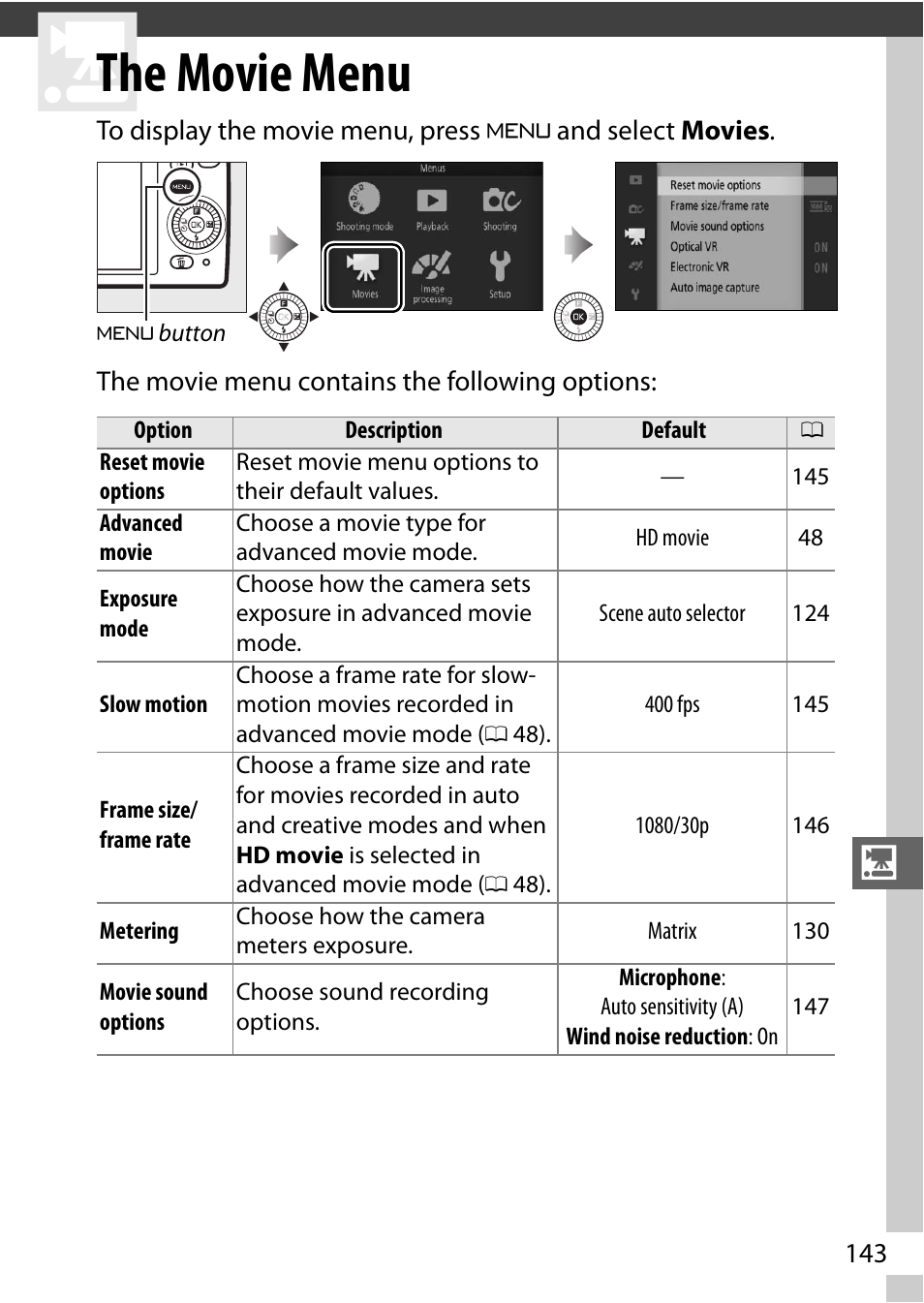 The movie menu, Vie menu | Nikon S2 User Manual | Page 163 / 236