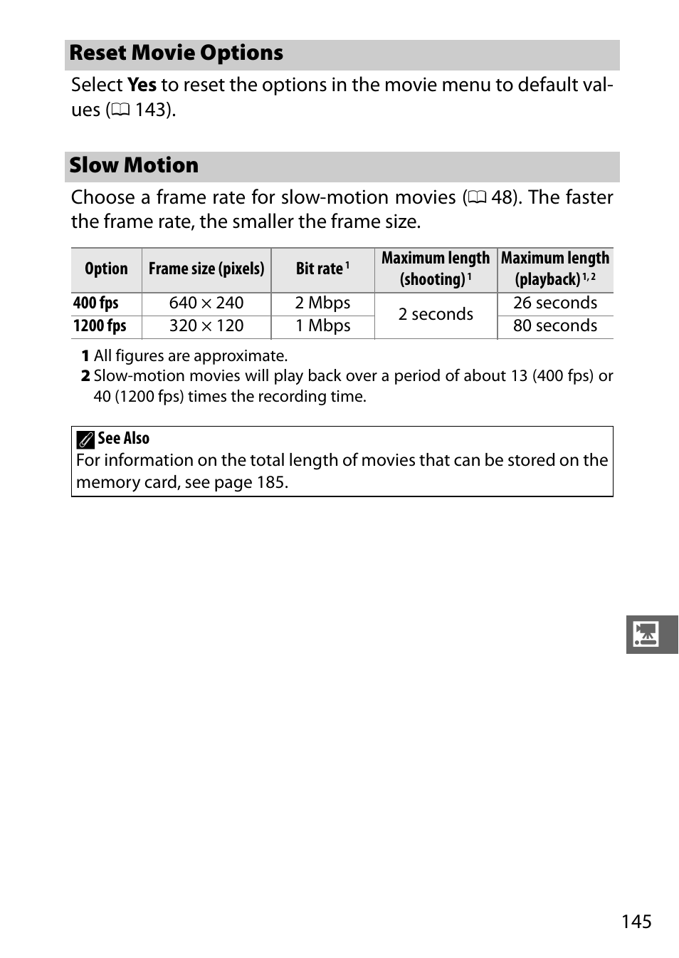 Reset movie options, Slow motion, Reset movie options slow motion | Nikon S2 User Manual | Page 165 / 236