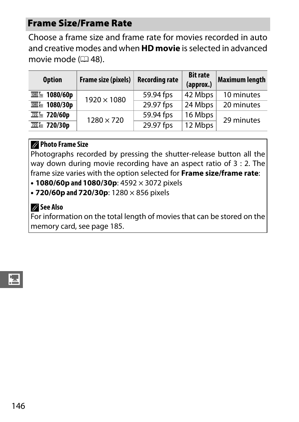 Frame size/frame rate, 0 146), the | Nikon S2 User Manual | Page 166 / 236