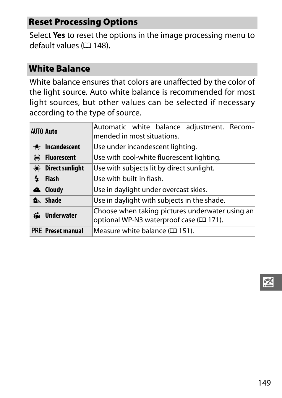 Reset processing options, White balance, Reset processing options white balance | Nikon S2 User Manual | Page 169 / 236