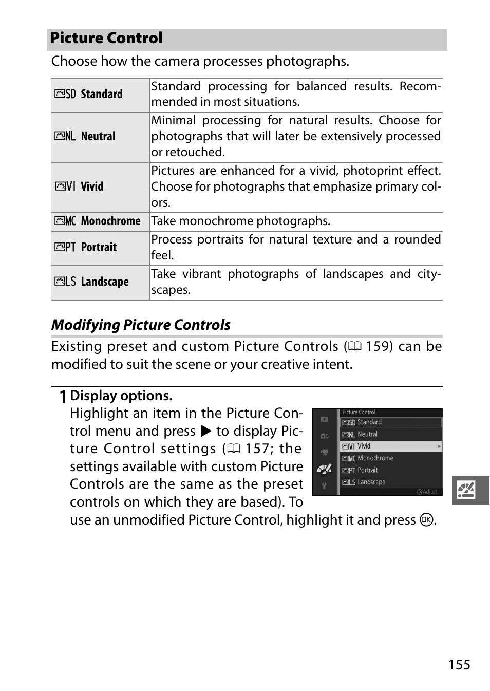 Picture control, Modifying picture controls | Nikon S2 User Manual | Page 175 / 236