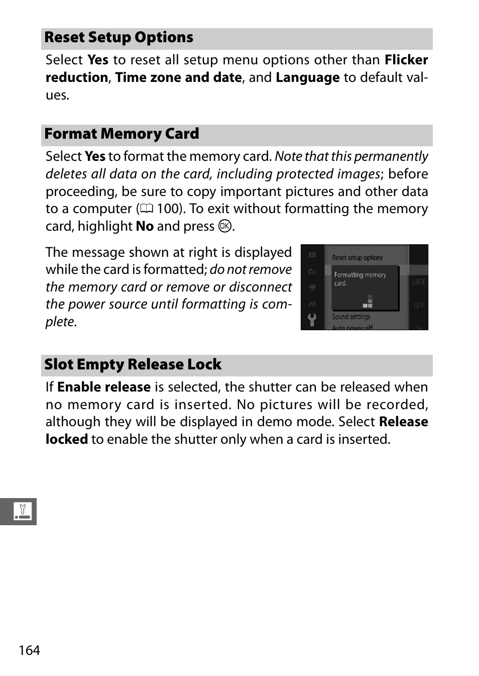 Reset setup options, Format memory card, Slot empty release lock | Nikon S2 User Manual | Page 184 / 236