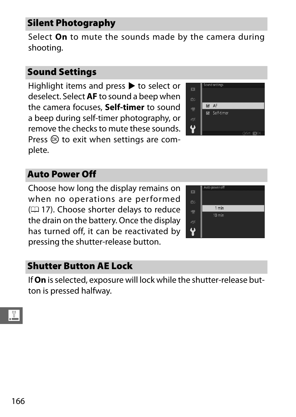 Silent photography, Sound settings, Auto power off | Shutter button ae lock | Nikon S2 User Manual | Page 186 / 236