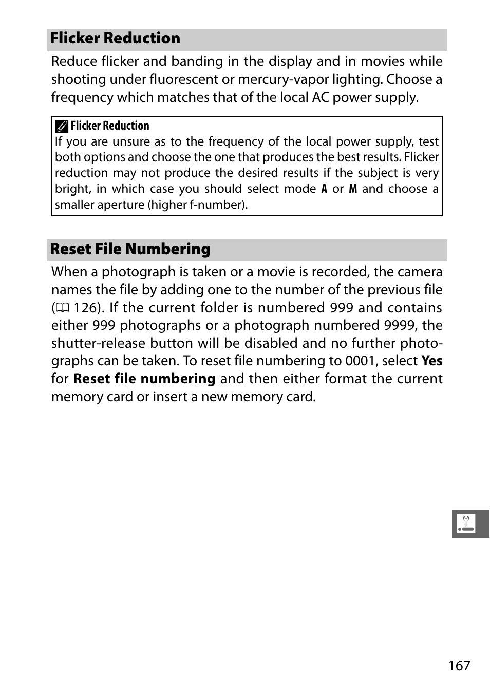 Flicker reduction, Reset file numbering | Nikon S2 User Manual | Page 187 / 236