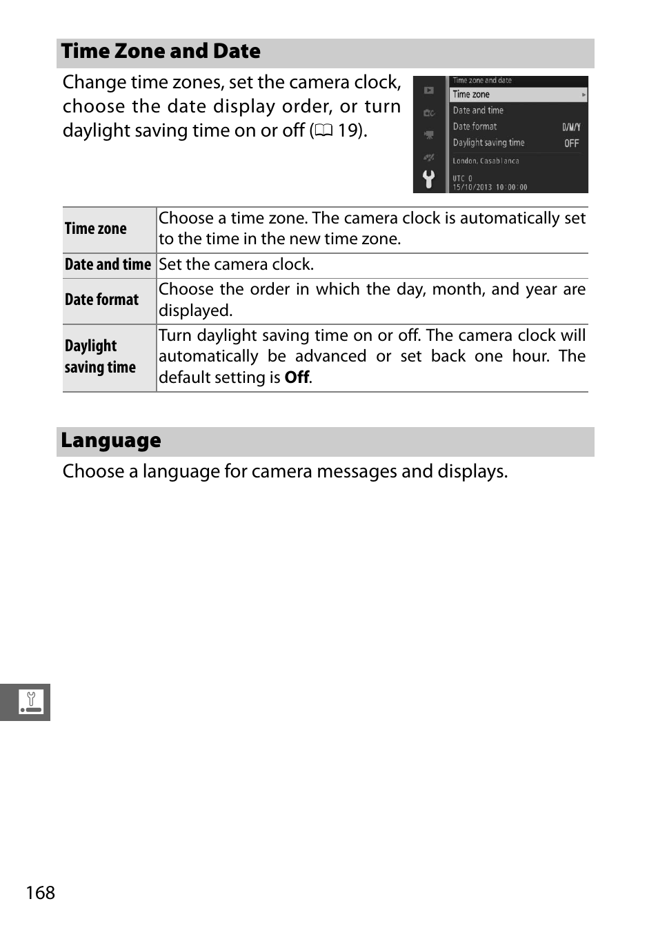 Time zone and date, Language, 0 168) and | 0 168) opti | Nikon S2 User Manual | Page 188 / 236