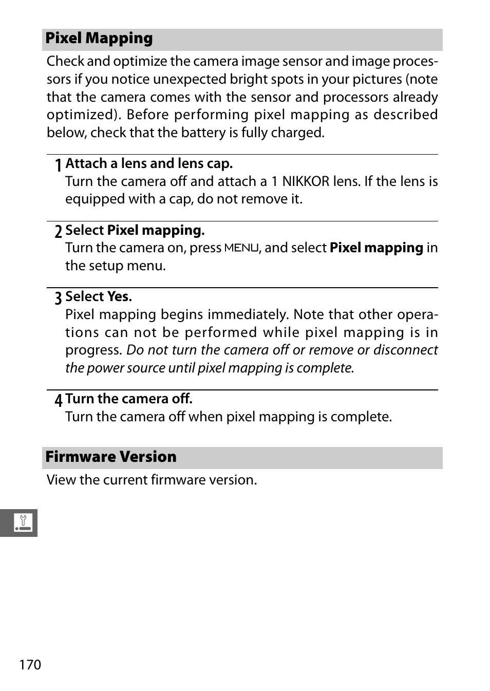 Pixel mapping, Firmware version | Nikon S2 User Manual | Page 190 / 236