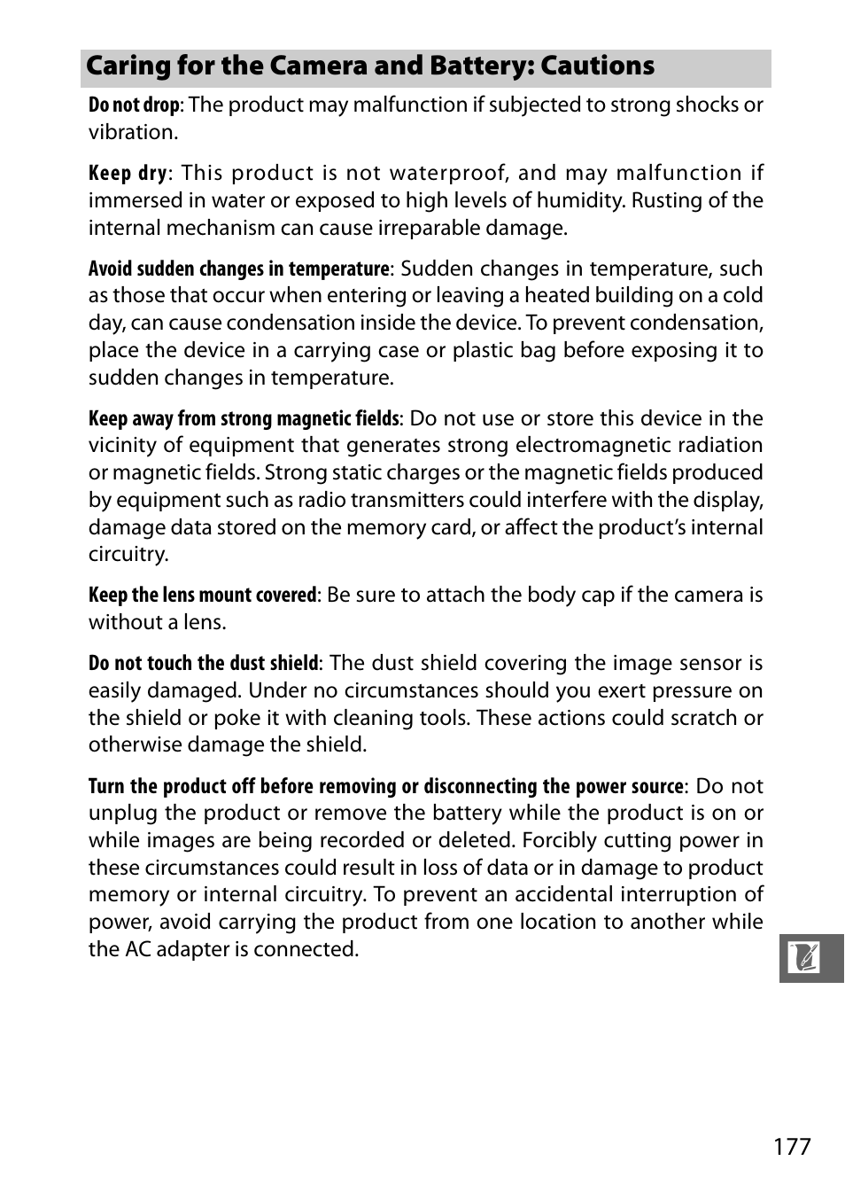 Caring for the camera and battery: cautions, And 177 | Nikon S2 User Manual | Page 197 / 236