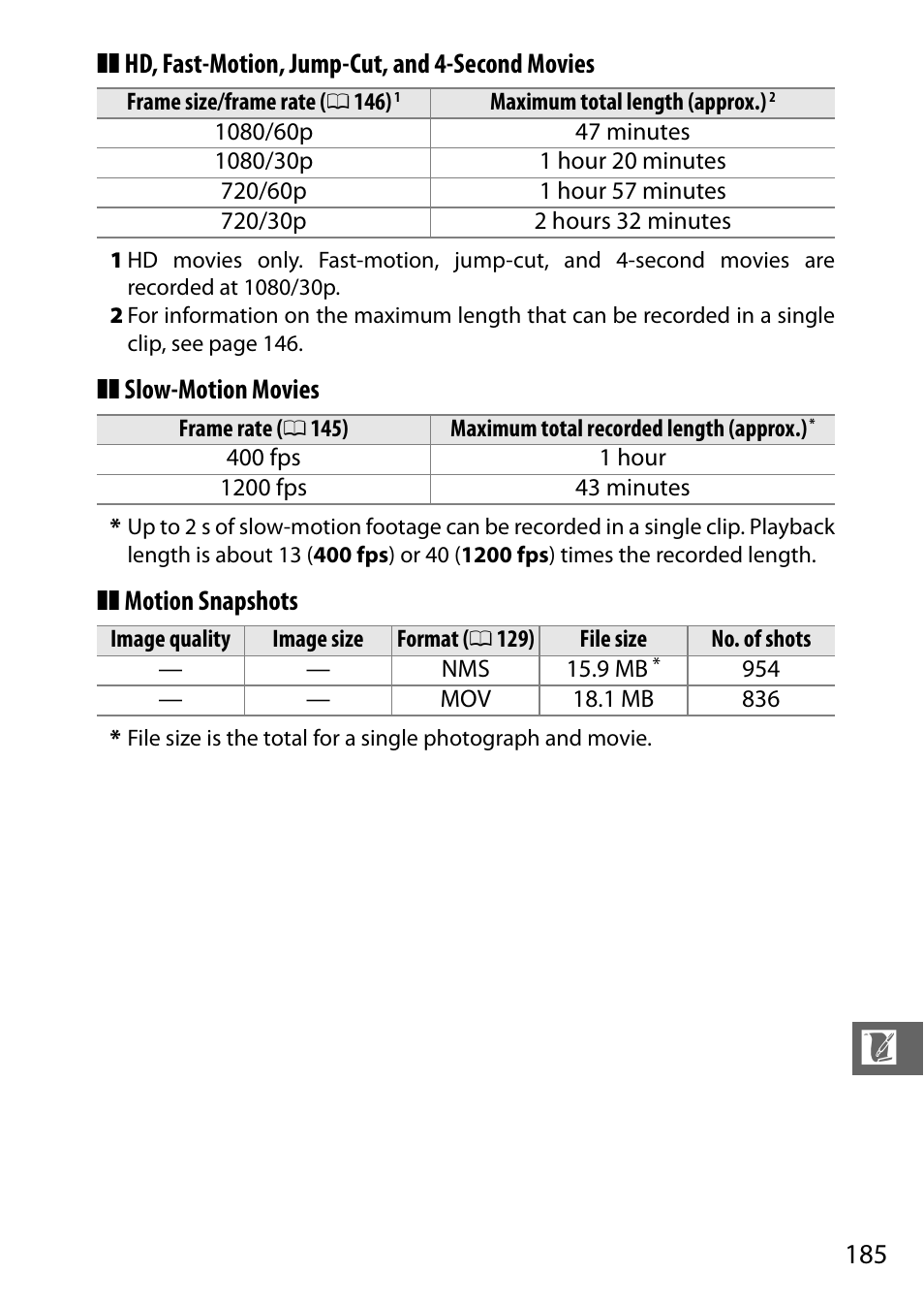 Ge 185, Hd, fast-motion, jump-cut, and 4-second movies, Slow-motion movies | Motion snapshots | Nikon S2 User Manual | Page 205 / 236
