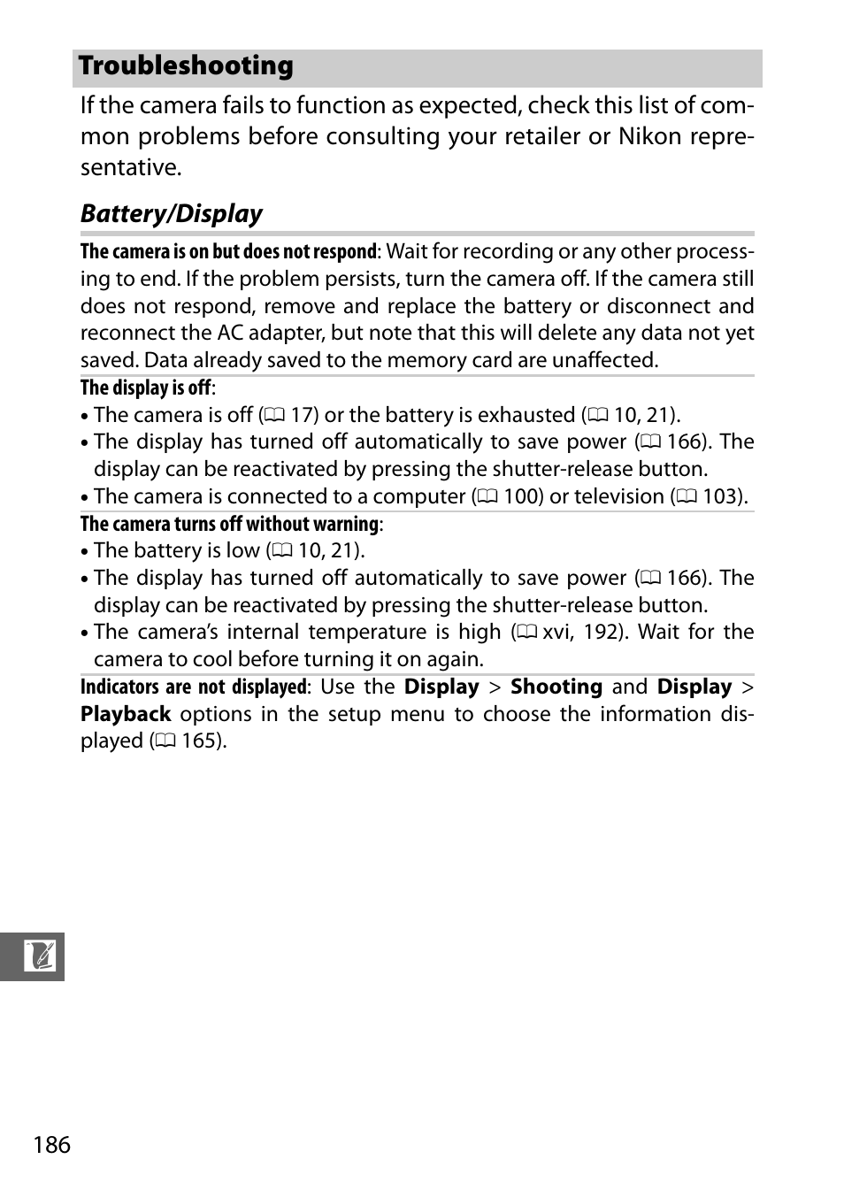 Troubleshooting, Battery/display | Nikon S2 User Manual | Page 206 / 236