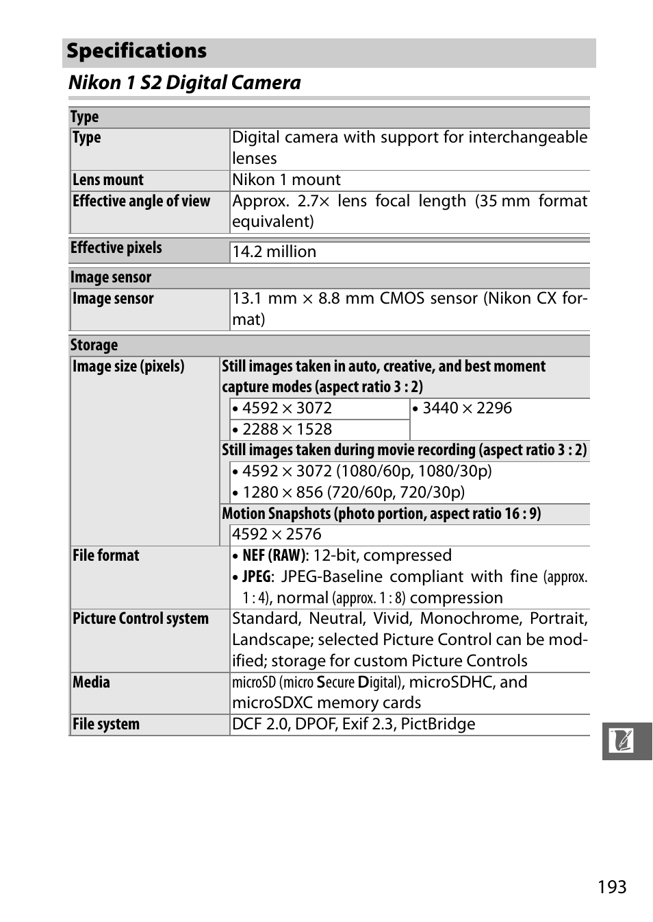 Specifications, Nikon 1 s2 digital camera | Nikon S2 User Manual | Page 213 / 236