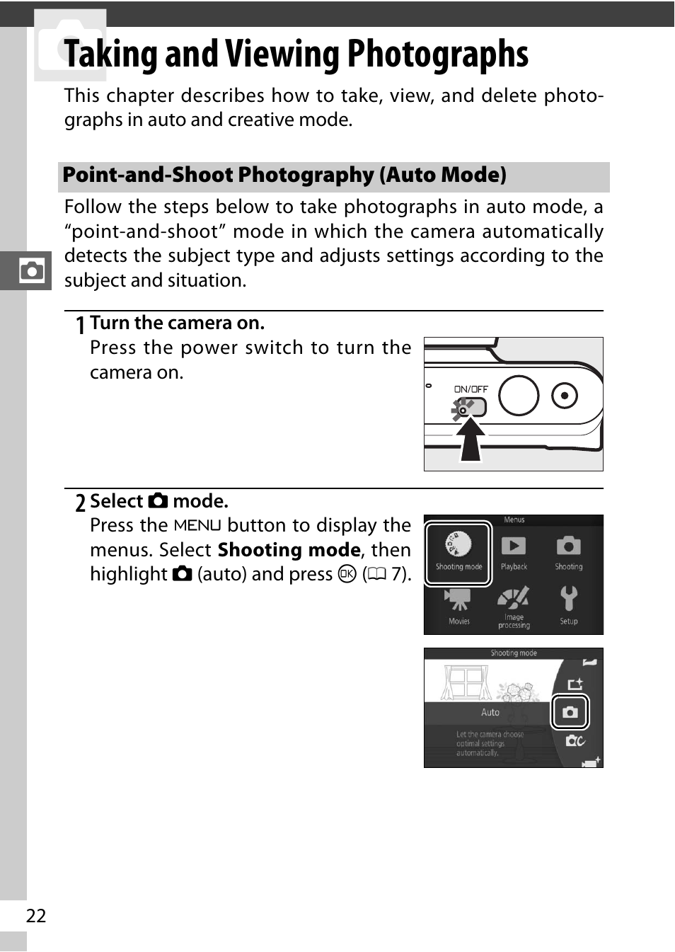Taking and viewing photographs, Point-and-shoot photography (auto mode) | Nikon S2 User Manual | Page 42 / 236