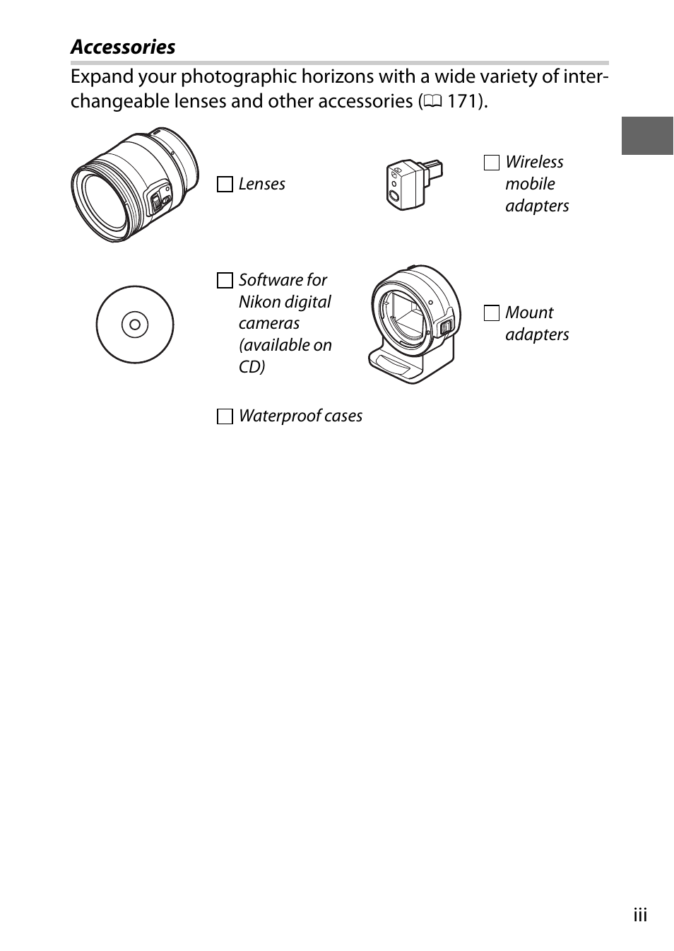 Accessories | Nikon S2 User Manual | Page 5 / 236