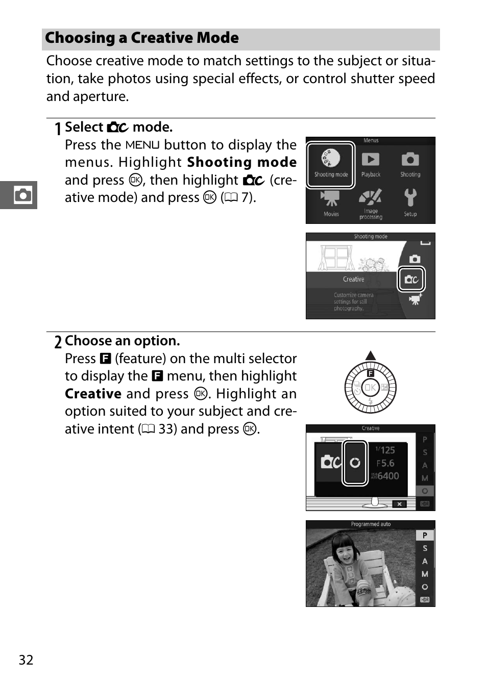 Choosing a creative mode, 0 32), and adv | Nikon S2 User Manual | Page 52 / 236