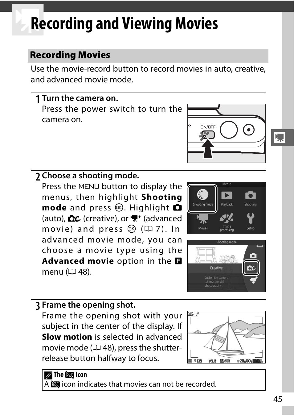 Recording and viewing movies, Recording movies, 0 45) modes | Nikon S2 User Manual | Page 65 / 236