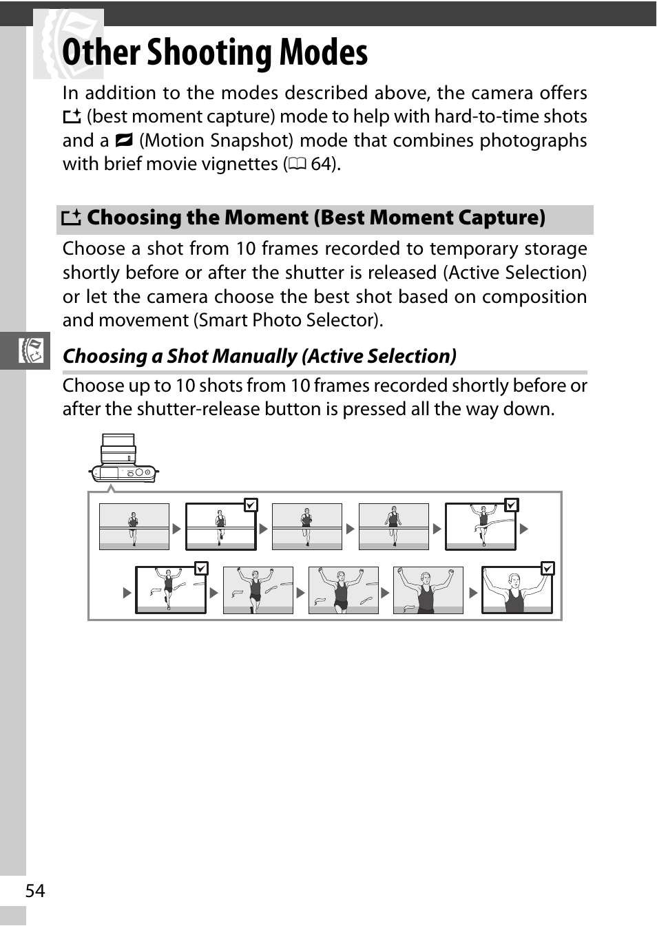 Other shooting modes, Choosing the moment (best moment capture), Choosing a shot manually (active selection) | Nikon S2 User Manual | Page 74 / 236