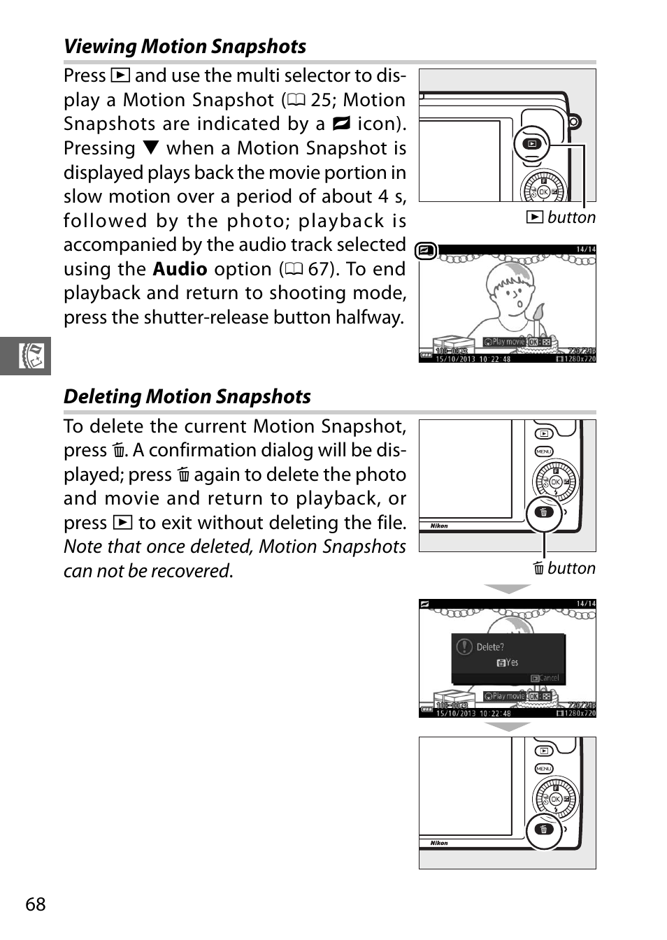 Viewing motion snapshots, Deleting motion snapshots | Nikon S2 User Manual | Page 88 / 236