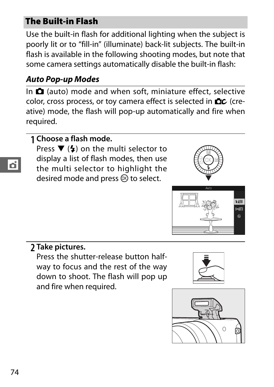 The built-in flash, Auto pop-up modes | Nikon S2 User Manual | Page 94 / 236