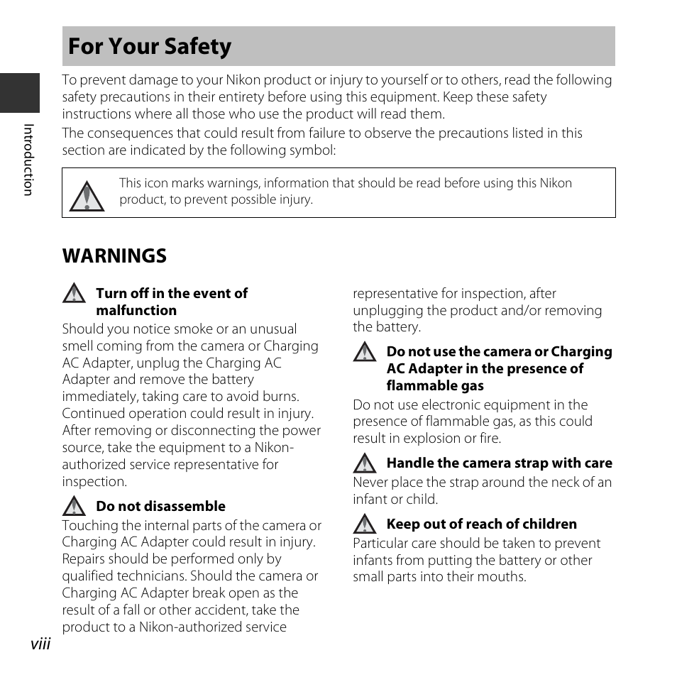 For your safety, Warnings, Viii | Nikon S5300 User Manual | Page 10 / 240