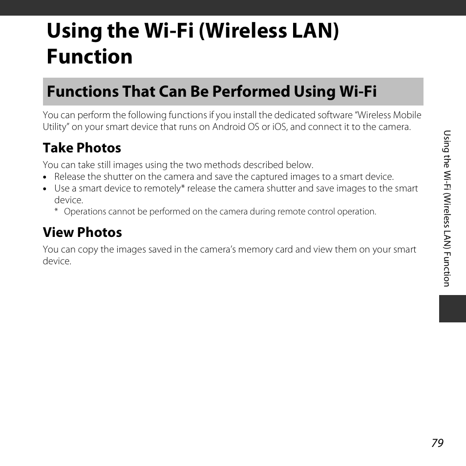 Using the wi-fi (wireless lan) function, Functions that can be performed using wi-fi, Take photos | View photos, Functions that can be performed using wi- fi, Take photos view photos | Nikon S5300 User Manual | Page 101 / 240