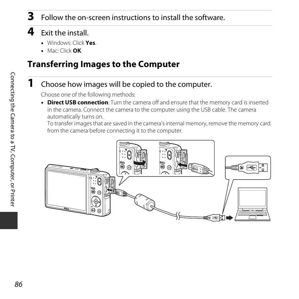 Transferring images to the computer, Exit the install, Choose how images will be copied to the computer | Nikon S5300 User Manual | Page 108 / 240